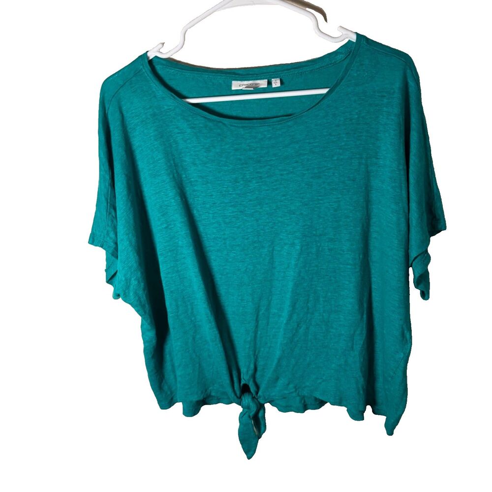 Chico's T-Shirt Women's 2 Large Round Neck Short Sleeve Tie 100% Linen Casual